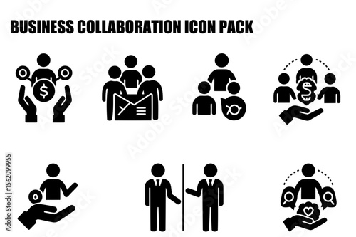 Business collaboration icons, diverse business people collaborating in various settings. Icons depict different teamwork and communication strategies, suitable for business and marketing.