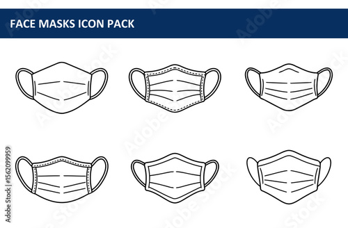 Simple face mask illustrations in various positions. Outline drawings of face masks for informational or educational purposes.