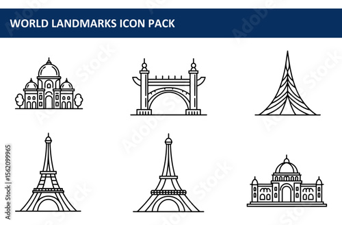 World landmarks icon set in a simple, linear style. Black line drawings of famous global architectural marvels.