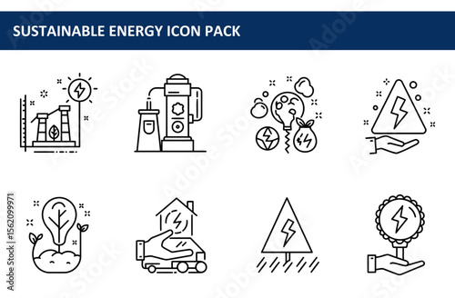 Sustainable energy icons in various settings. Illustrative line art depicts diverse energy solutions with focus on safety and environmental impact.