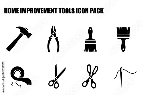 Home improvement tools icons in a professional design. Simple illustrations of a hammer, pliers, paintbrush, tape measure, scissors, and needle with thread displayed against a white background.