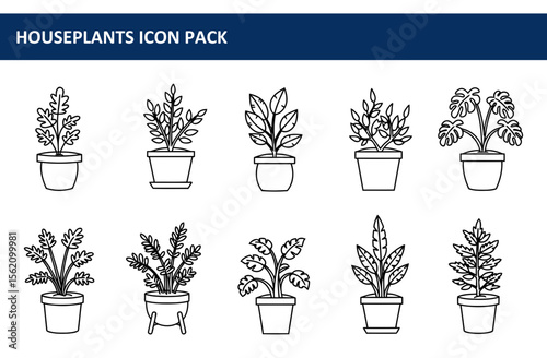 Houseplant illustrations in various styles displayed in pots. Collection of outline icons for houseplants displayed in a grid format.