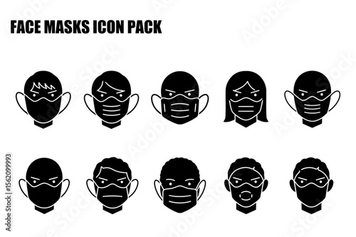 Diverse people of various ages and ethnicities wearing face masks, front view, in a neutral background. Generic icons of diverse demographic wearing protective masks.