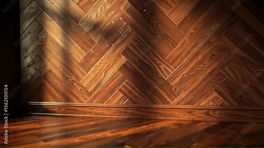 Interior shot of polished wooden floor and herringbone patterned wall