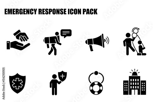 Emergency response icons depicting various actions and situations. First responders and community members taking action during an emergency.