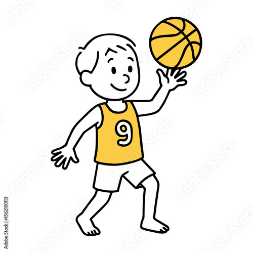 Energetic Boy Playing Basketball in Yellow Jersey. Child Athlete, Cheerful Sporty Kid, Youth Sport, Active Sports Moment for Kids Vector Illustration