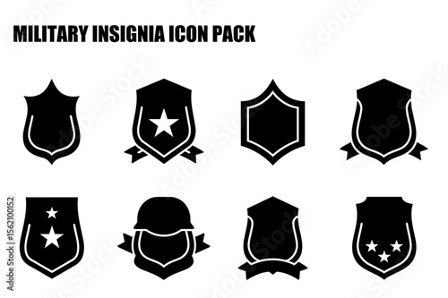 Military insignia icon pack with various shield designs. Simple, black and white silhouettes of military badges and awards.