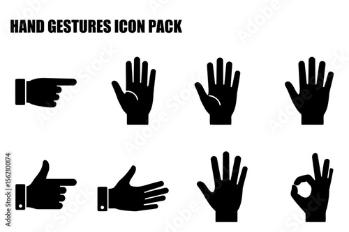 Hand gestures for various actions in a flat design. Simple illustrations of hands in different poses, useful for communication icons. General audience, universal use -