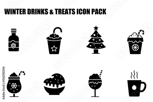 Winter drinks and treats icon set, featuring beverages and desserts. Stylish icons illustrate holiday-themed drinks and treats, including hot beverages, winter-themed sodas, and ice treats.