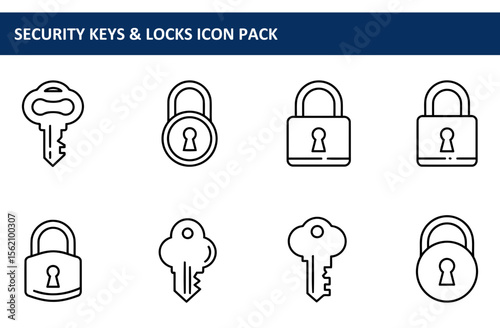 Security keys and locks icon pack. Simple line drawings of keys and padlocks in a consistent style, suitable for use in digital interfaces, applications, or websites.