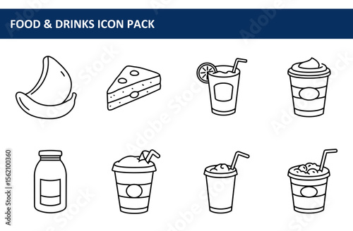 Food and drinks icon set in a simple line art style. Collection of various food and drink items, displayed in a basic outline form, suitable for iconography or graphic design.