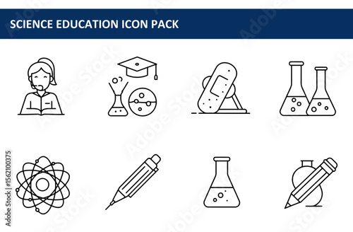 Science education icons, diverse and comprehensive set. Simple, flat-style illustrations showcasing various scientific tools and concepts.