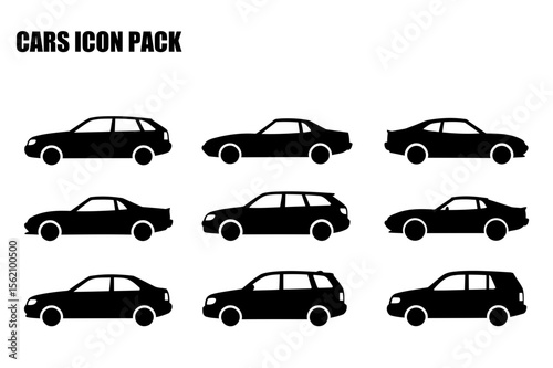 Black and white silhouette illustrations of various car models in profile view. Simple, stylized car icons for design use.