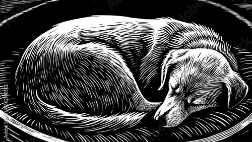 sleeping dog curled into a circle with gentle fur strokes, suited for pet‑care branding, children’s storybooks, cozy wall prints or ankle tattoos, a black and white line art illustration