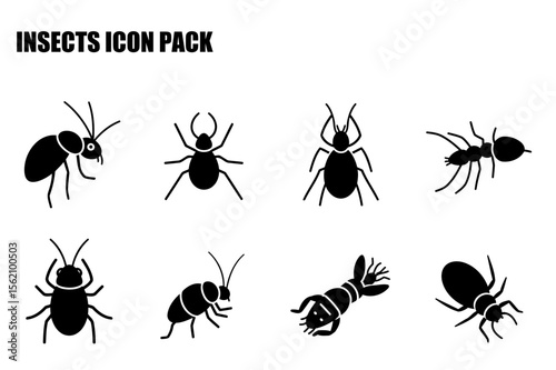 Insects icon pack of various types, in a flat design. Silhouette illustrations of ant, beetle, spider, and shrimp, for use in educational, scientific, or pest control material.