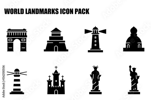 World landmarks icons in silhouette style. Various iconic structures like arches, lighthouses, castles, and statues are displayed in a flat, vector graphic format.