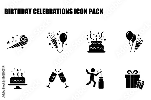 Birthday celebration icons in a variety of celebratory items. Set of party icons with confetti, balloons, cake, and champagne toasts on a plain background.