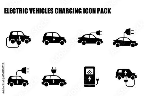 Electric vehicle charging icons in various poses depicting charging process. Simple, black and white illustrations of EV charging, showcasing different vehicle models and charging stations.