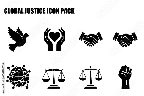 Global justice icon pack depicting peace, compassion, cooperation, and activism. Abstract symbols of various concepts related to global justice in a simple, universally understandable format.