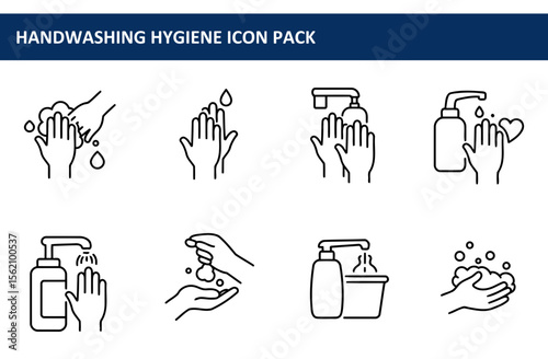 Handwashing hygiene icons depicting various methods of handwashing in a simple, universal style. Illustrations of hands washing with soap, hand sanitizer, and water.