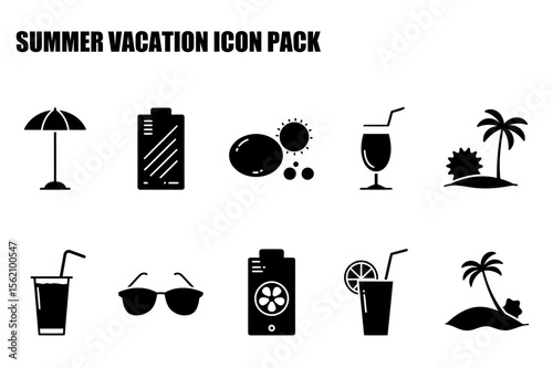 Summer vacation icon pack showcasing various elements for travel and leisure. Simple, black and white silhouettes for summer vacation design. Vacation icon set for travel planning.