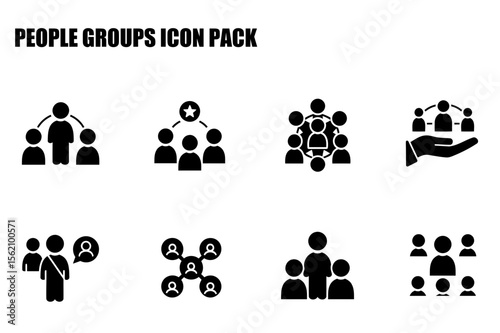 Black and white group of people icons in various social and professional settings. Simple illustrations of people interacting and collaborating.