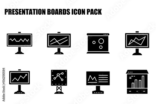Presentation boards icon set, displaying various types of presentation boards with different visual elements, in a business or educational setting.