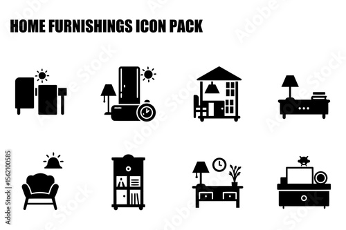 Home furnishing icons depicting various rooms and furniture in a flat style. Simple, minimalist design elements for interior design concepts.