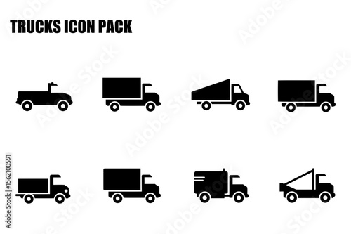 Truck icons for transportation and delivery services. Simple black and white silhouette icons of various truck types on a white background.