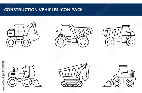 Line art illustrations of various construction vehicles in a simple, flat design. Side view depictions of excavators, dump trucks, and bulldozers.