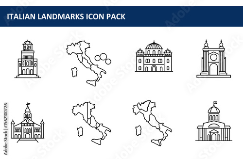 Italian landmarks icon set with regional maps, showcasing historical buildings. Simple line art illustrations in a clean design for educational or tourism purposes.