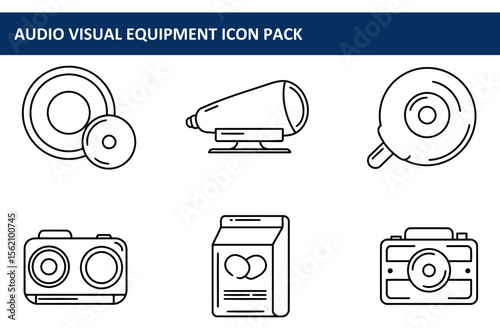 Audio visual equipment icons, diverse technical items in a plain white background. Simple line drawings depict different audio-visual equipment, showcasing various functions.