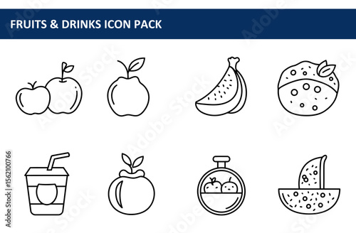 Fruit and drink icons in a modern, flat design style. Simple outlines of various fruits and beverages, suitable for use in an app interface or website.