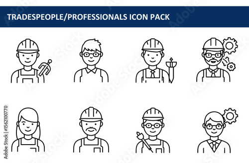Line art illustrations of diverse tradespeople in various settings. Portraits of adult male and female tradespeople in work attire, holding tools and wearing safety equipment.