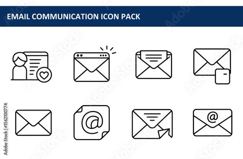 Email communication icon pack depicting various email actions in a simple, modern design. Flat style icons of email elements, displaying sending, receiving, and interacting with emails.
