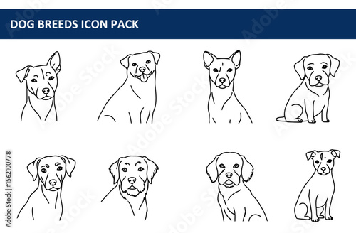 Line art illustrations of various dog breeds in sitting poses. Collection of diverse dog breeds in a simple, clean line art style.