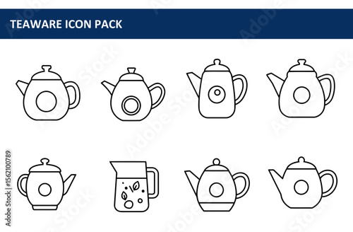 Line art collection of various teapots and a pitcher, displayed in a grid format. Various types of teapots and a pitcher are shown in a simple, minimalist design, suitable for a teaware icon pack.