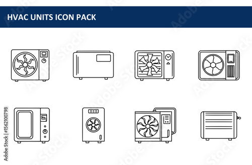 HVAC Units Icon Pack. Various types of HVAC units shown in simple line art style.