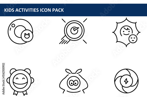 Kids activities icon pack featuring various outline designs for different themes. Simple, playful icons showcasing different kid-friendly activities and emotions.