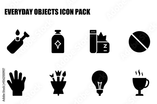 Set of everyday objects icons in a simple, flat style. Common household and health-related items depicted in silhouette.
