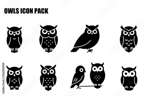 Owl icons in various poses and stances on a white background. Simple, black silhouette icons of owls in different postures for use in graphic design.