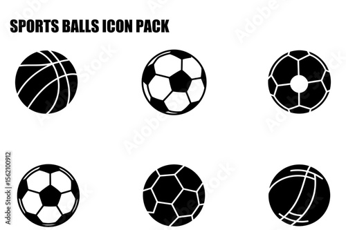 Sports balls icon pack. various shapes and designs. Simple, black and white graphic icons displayed on a white background. General sports graphic icons for various usage.