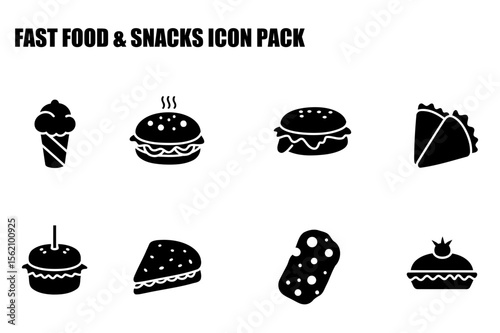 Fast food and snacks icons, various food items in a simple, solid black silhouette style. Collection of food icons for use in applications, websites, and other design projects.