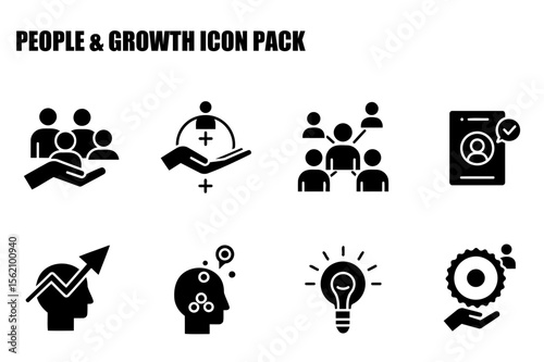 People growth icons depicting various concepts in a flat design style. Abstract illustrations representing team support, collaboration, and personal development in a professional context.