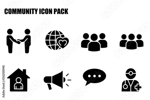 Community icons in simple, flat design style. Diverse group of icons showing community action/interaction, with global reach and healthcare represented.