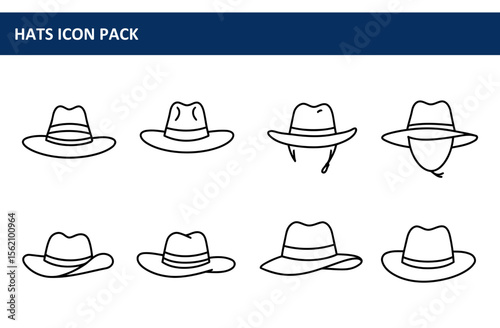 Various types of hats in a simple line art style. Different views of cowboy and fedora hats. Generic fashion illustration for apparel design.. Various hat styles for general use -