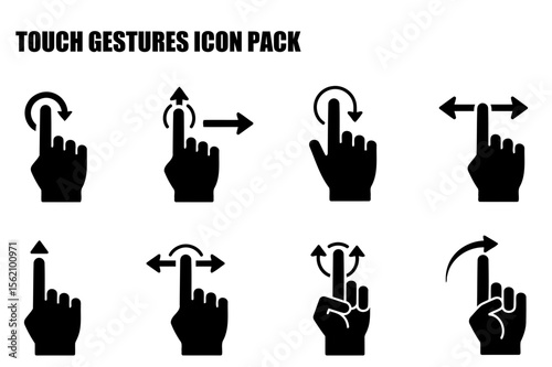 Touch gestures icon pack showing various hand gestures for mobile devices. Illustrative icons depicting different touch actions for user interface navigation and interaction with digital devices.
