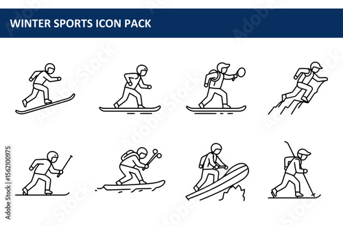 Winter sports icons depicting diverse activities in various snowy terrains. Athletes in winter gear performing actions like skiing, snowboarding, and ice climbing in snowy landscapes.