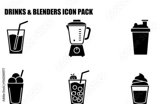 Drinks and Blenders Icon Pack. Simple illustrations of beverages and kitchen appliances for general use.