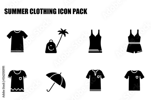 Summer clothing icons for diverse demographics in various settings. Simple, flat design of t-shirts, tank tops, swimsuits, and backpacks.